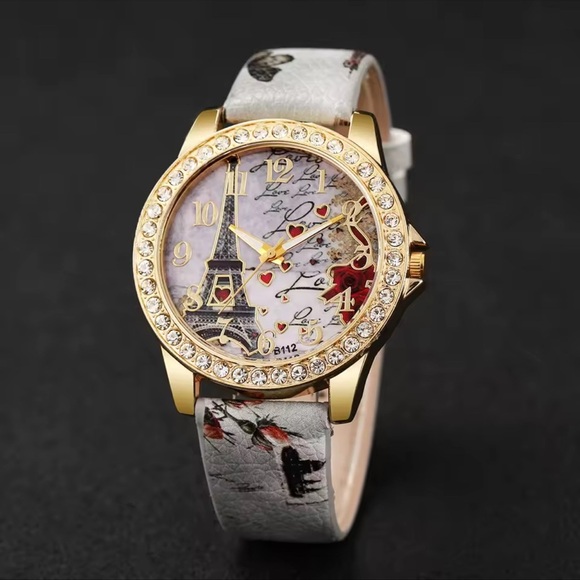 Elegant High Fashion Women’s Quartz Gold and Gray Eiffel Tower Love Watch Grey - Picture 3 of 9